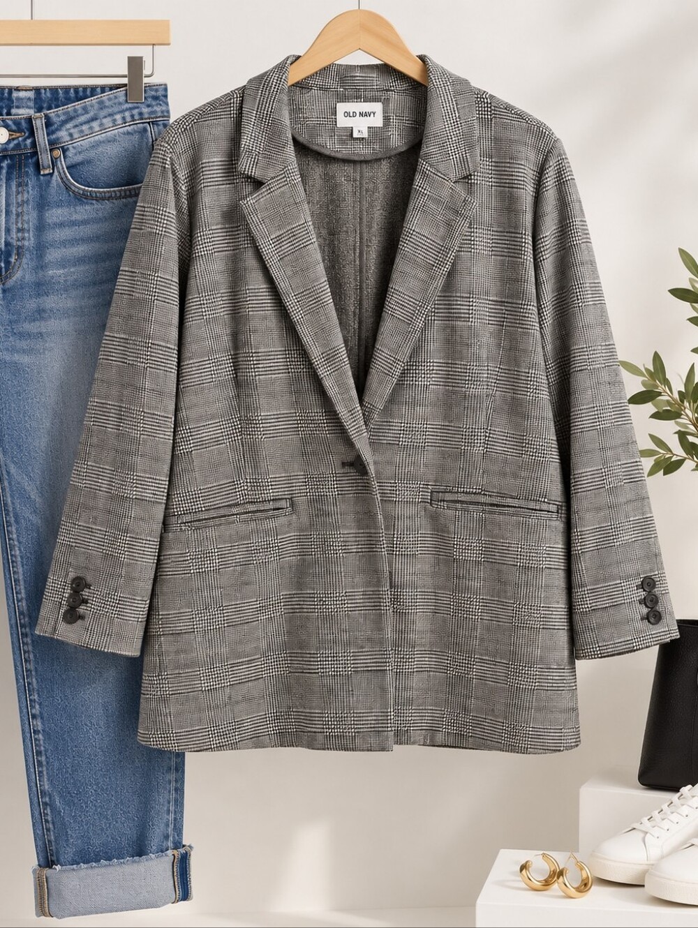 Old Navy Plus Size 2x: Gray Plaid Relaxed Knit Blazer Cardi